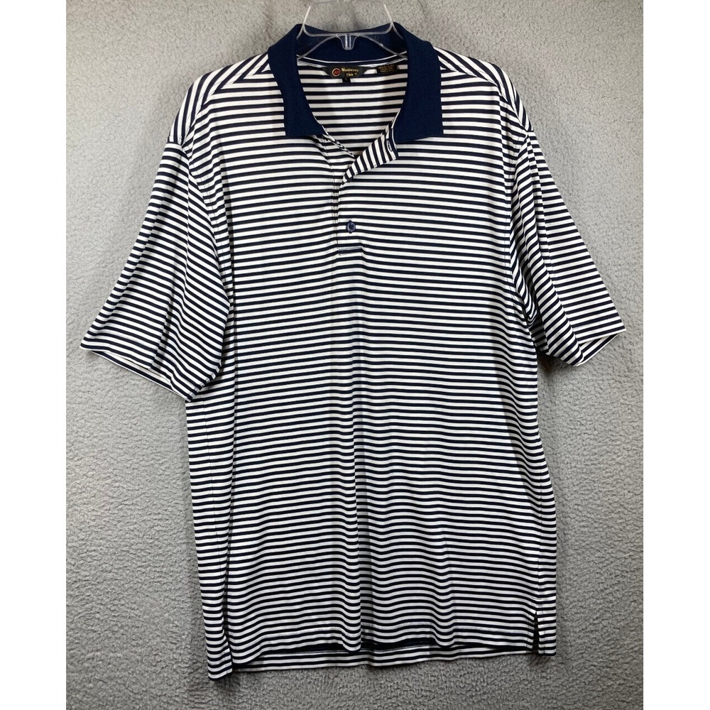Monterey Club Polo Shirt Men's Large Blue White Stripe Short Sleeve Golf Relaxed